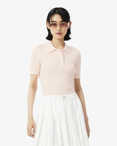 WOMEN'S STRIPED CABLE KNIT POLO COLLAR SWEATER (Rose • N6I)