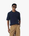 เสื้อถักไหมพรมผู้ชาย CLASSIC FIT CABLE KNIT COTTON POLO SHIRT (Bleu Marine / Vert • M35)