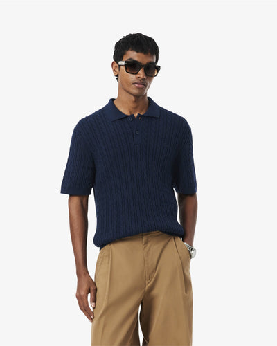 MEN'S CLASSIC FIT CABLE KNIT COTTON POLO SHIRT (Bleu Marine / Vert • M35)