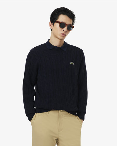 MEN'S CABLE KNIT WOOL CREW NECK SWEATER (Navy Blue • 166)