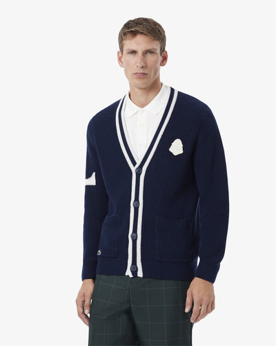 เสื้อถักไหมพรมผู้ชาย BADGE ACCENT WOOL BLEND GOLF CARDIGAN (Navy Blue / White • HHW)