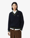เสื้อถักไหมพรมผู้ชาย STRIPED WOOL V NECK SWEATER (Bleu Marine / Vert / Jaune • TDV)