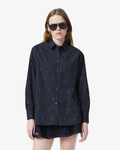WOMEN'S OVERSIZED STRIPED JACQUARD SHIRT (Bleu Marine / Blanc • M5C)