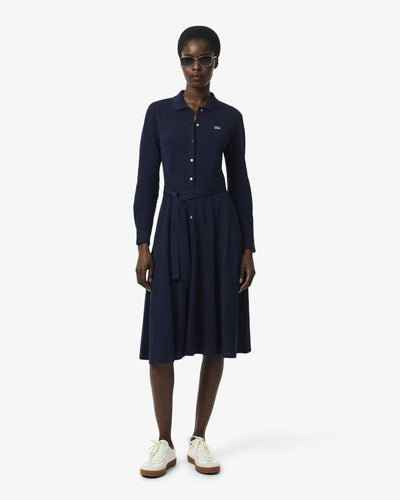 WOMEN'S POLO COLLAR BELTED PETIT PIQUÉ DRESS (Navy Blue • 166)