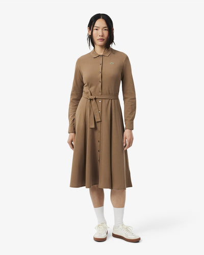 WOMEN'S POLO COLLAR BELTED PETIT PIQUÉ DRESS (Brown • SIX)